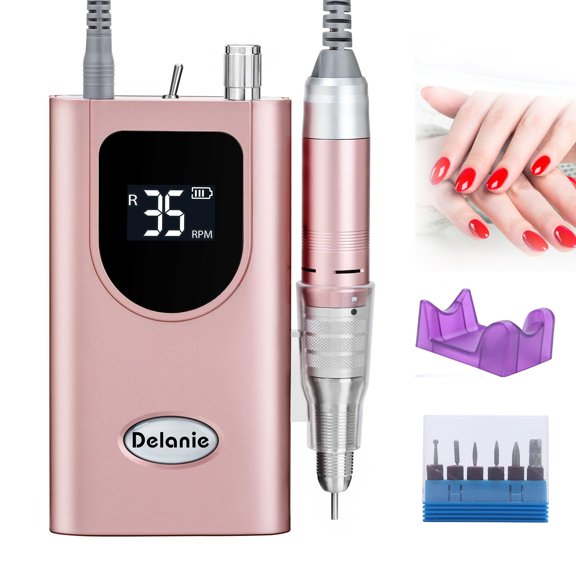 Delanie Electric Nail Drill Machine 35000RPM, Portable Nail Drill Rechargeable with 6 Drill Bits, Nail Drills for Acrylic Nails Professional E File Nail Machine Drill Professional (Pink) E22