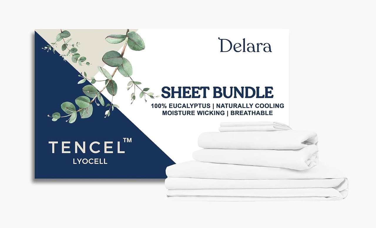 Delara 100% Eucalyptus Lyocell Tencel Bedding Sheet Bundle, California King 7-Piece Set, Cooling, Silky Soft, Breathable Sheets, White