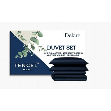 Delara 100% Eucalyptus Lyocell Tencel Queen Duvet Cover Set 3-Piece with 2 Sham – Cooling, Silky Soft, Breathable, Moisture-Wicking, Carbon
