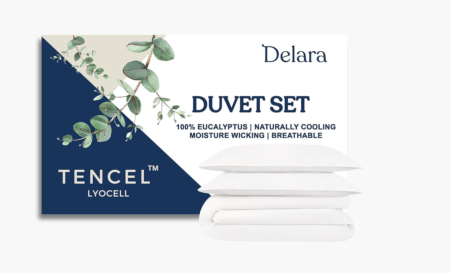 Delara 100% Eucalyptus Lyocell Tencel Queen Duvet Cover Set 3-Piece with 2 Sham – Cooling, Silky Soft, Breathable, Moisture-Wicking, White