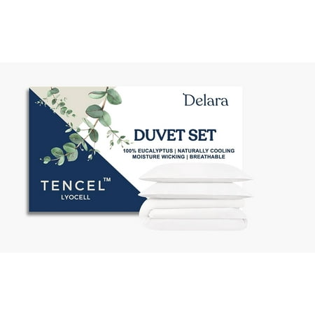 Delara 100% Eucalyptus Lyocell Tencel King Duvet Cover Set 3-Piece with 2 King Sham – Cooling, Silky Soft, Breathable, Moisture-Wicking, White