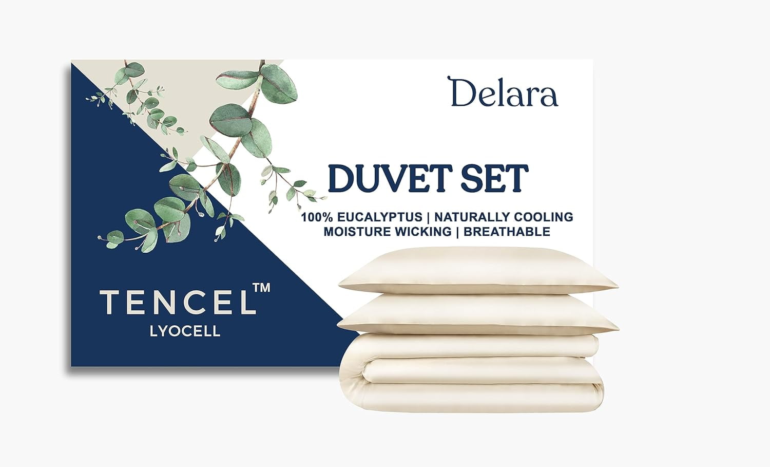Delara 100% Eucalyptus Lyocell Tencel Queen Duvet Cover Set 3-Piece with 2 Sham – Cooling, Silky Soft, Breathable, Moisture-Wicking, Fog
