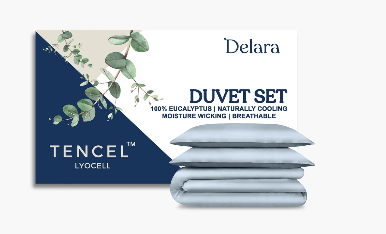 Delara 100% Eucalyptus Lyocell Tencel King Duvet Cover Set 3-Piece with 2 King Sham – Cooling, Silky Soft, Breathable, Moisture-Wicking, Light Blue