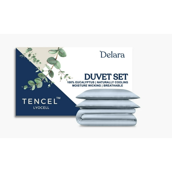 Delara 100% Eucalyptus Lyocell Tencel Queen Duvet Cover Set 3-Piece with 2 Sham – Cooling, Silky Soft, Breathable, Moisture-Wicking, Light Blue