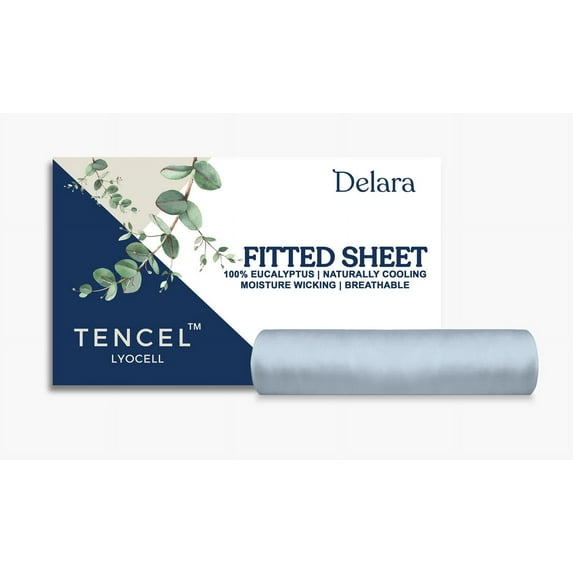 Delara 100% Eucalyptus TENCEL Lyocell King Fitted Sheet 78"x80", 17" Deep Pocket, Cooling, Silky Soft, Moisture-Wicking, Light Blue