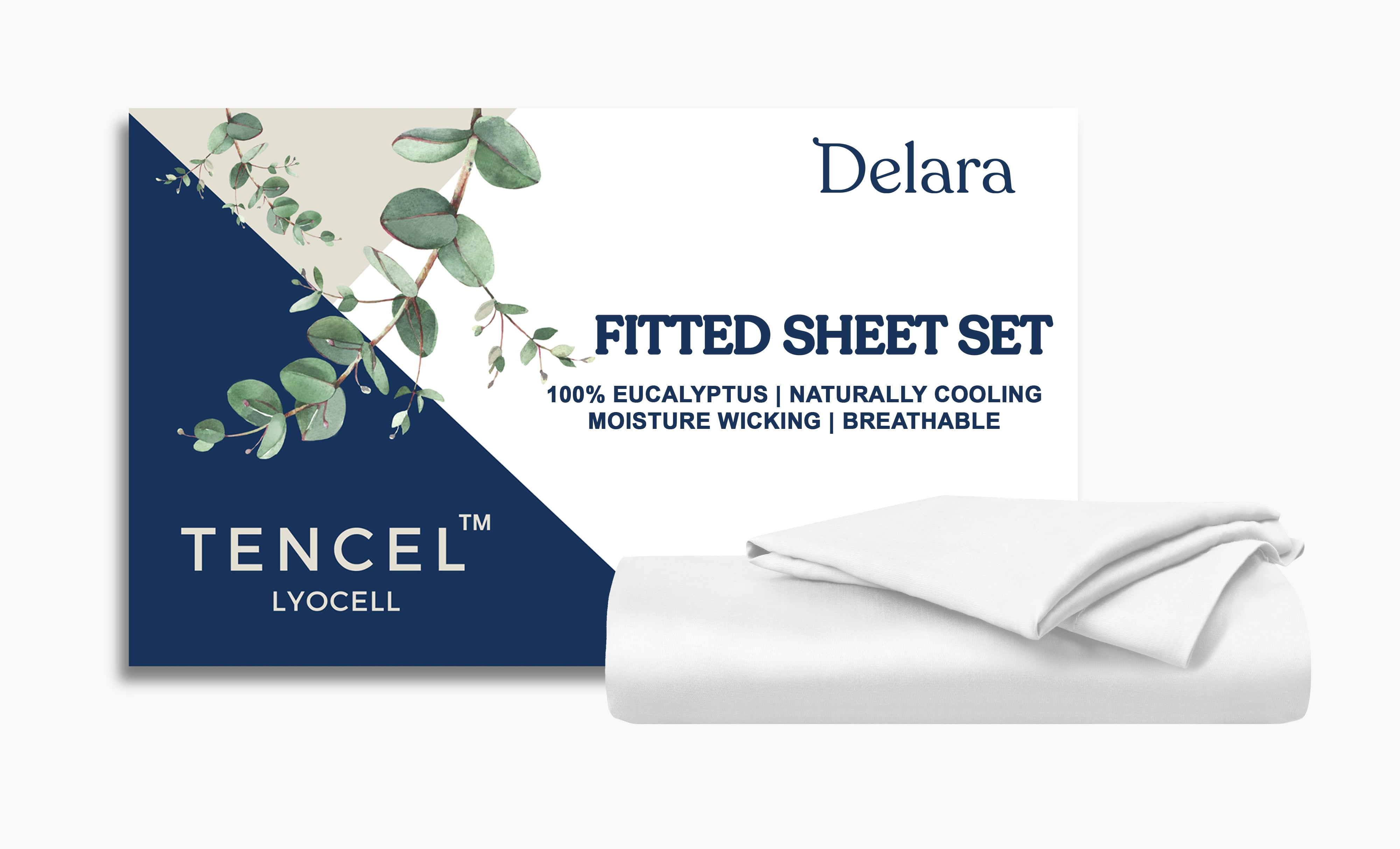 Delara 100% Eucalyptus TENCEL Lyocell Full Fitted Sheet Set, 3-Piece , Cooling, Silky Soft, Moisture-Wicking, Breathable, White