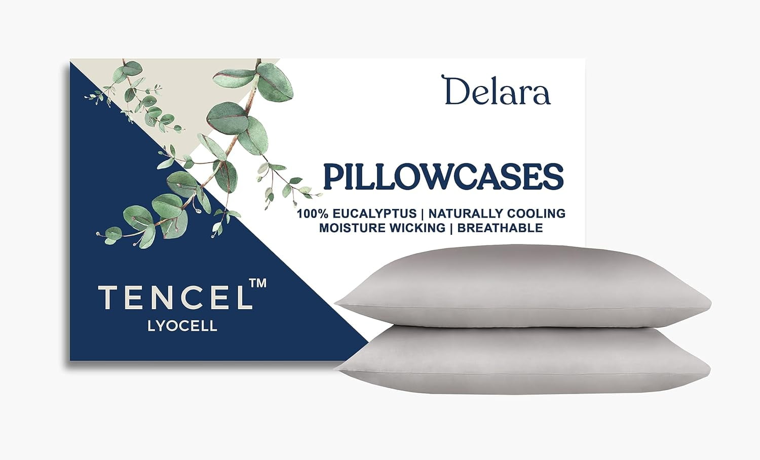 Delara TENCEL™ Lyocell Queen Pillowcases, 21" x 32", Pack of 2, Cooling, Moisture-Wicking, Breathable, Dove