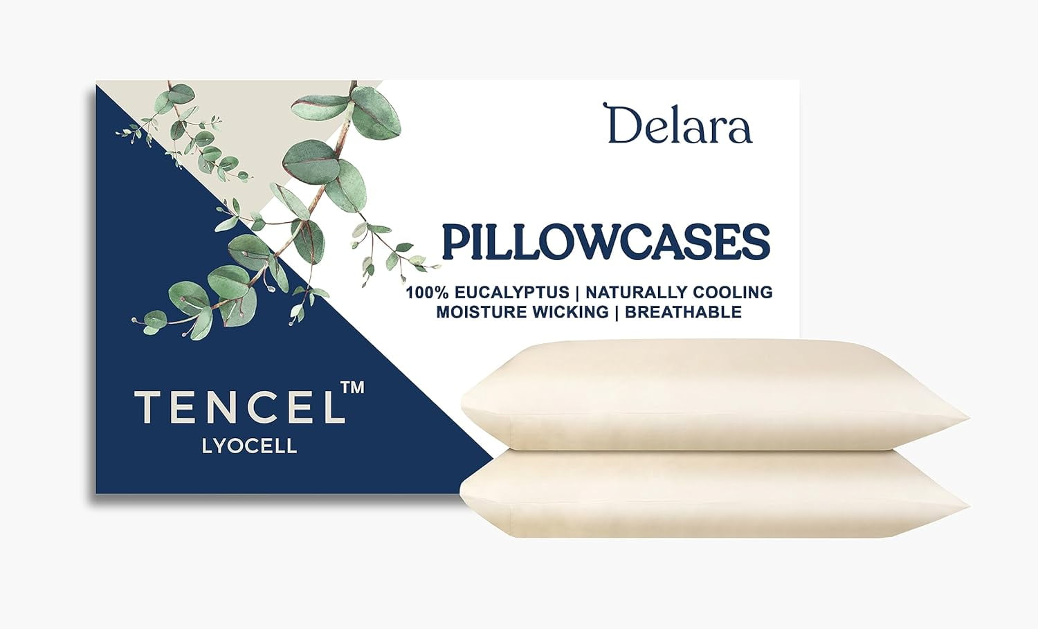 Delara TENCEL™ Lyocell Queen Pillowcases, 21" x 32", Pack of 2, Cooling, Moisture-Wicking, Breathable, Fog