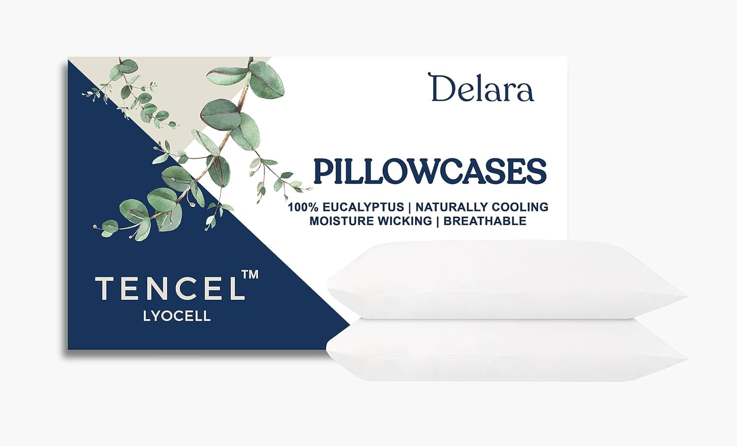 Delara TENCEL™ Lyocell King Pillowcases, 21" x 36", Pack of 2, Cooling, Moisture-Wicking, Breathable, White