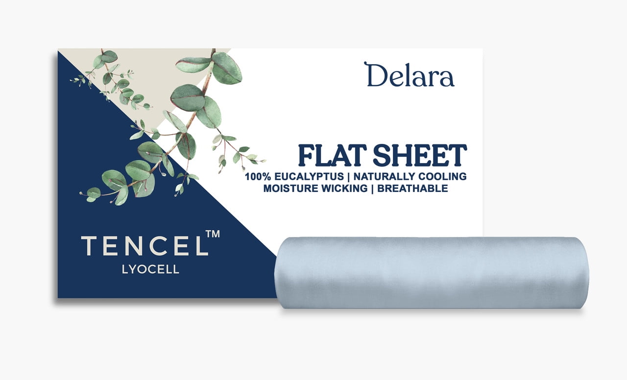 Delara 100% Eucalyptus Lyocell Tencel Queen Flat Sheet 96"x105" – Cooling, Silky, Soft, Breathable, Moisture-Wicking, Light Blue