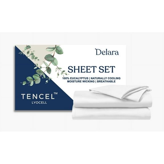 Delara 100% Eucalyptus TENCEL Lyocell Full Sheet Set, 4-Piece, Cooling, Silky Soft, Moisture-Wicking, Breathable, White