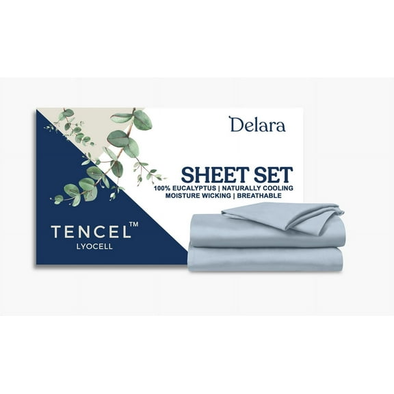 Delara 100% Eucalyptus TENCEL Lyocell King Sheet Set, 4-Piece, Cooling, Silky Soft, Moisture-Wicking, Breathable, Light Blue