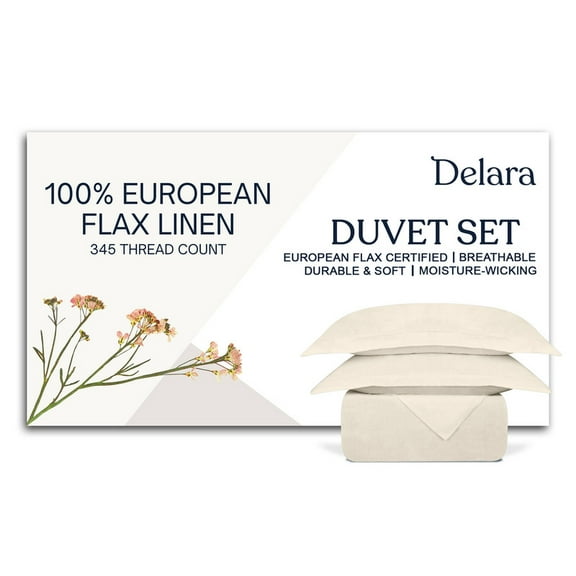 Delara 100% European Flax Linen Duvet Cover Set, Twin, 2-Piece with 1 Standard Sham, Ultra Soft, Breathable, 8 Internal Ties, Ivory