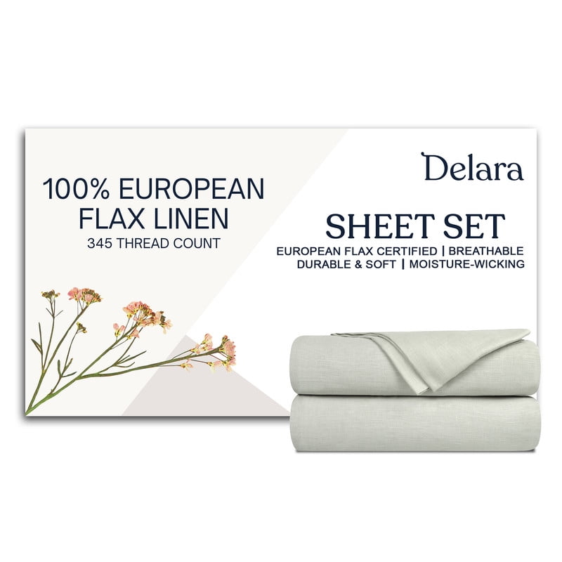Delara 100% European Flax Linen Sheet Set, Twin, 3-Piece, 345 Thread Count, Ultra Soft, Breathable, Deep Pocket, Light Gray