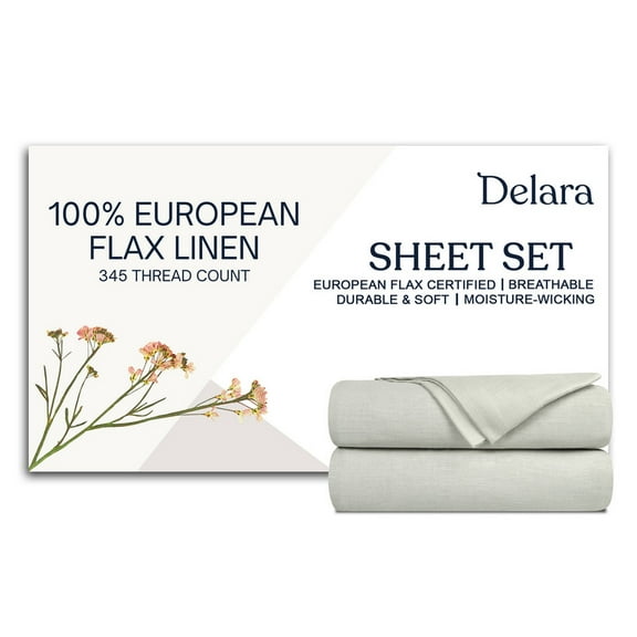Delara 100% European Flax Linen Sheet Set, California King, 4-Piece, 345 Thread Count, Ultra Soft, Breathable, Deep Pocket, Light Gray