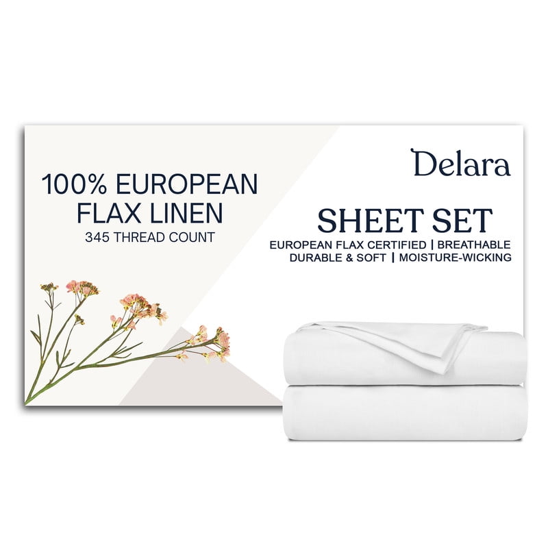 Delara 100% European Flax Linen Sheet Set, Queen, 4-Piece, 345 Thread Count, Ultra Soft, Breathable, Deep Pocket, White