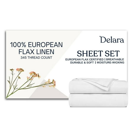 Delara 100% European Flax Linen Sheet Set, Twin, 3-Piece, 345 Thread Count, Ultra Soft, Breathable, Deep Pocket, White