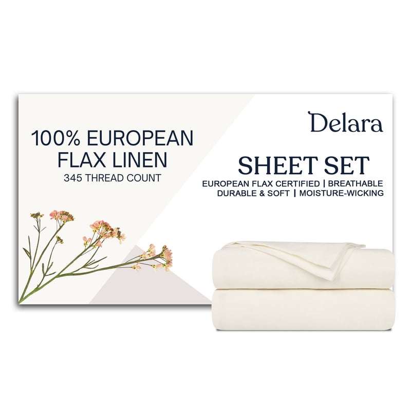 Delara 100% European Flax Linen Sheet Set, Queen, 4-Piece, 345 Thread Count, Ultra Soft, Breathable, Deep Pocket, Ivory