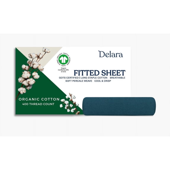 Delara Organic Cotton Percale King Fitted Sheet, 400 TC GOTS Certified, Soft Moisture-Wicking Breathable, Midnight Blue 78"x80" 17" Deep