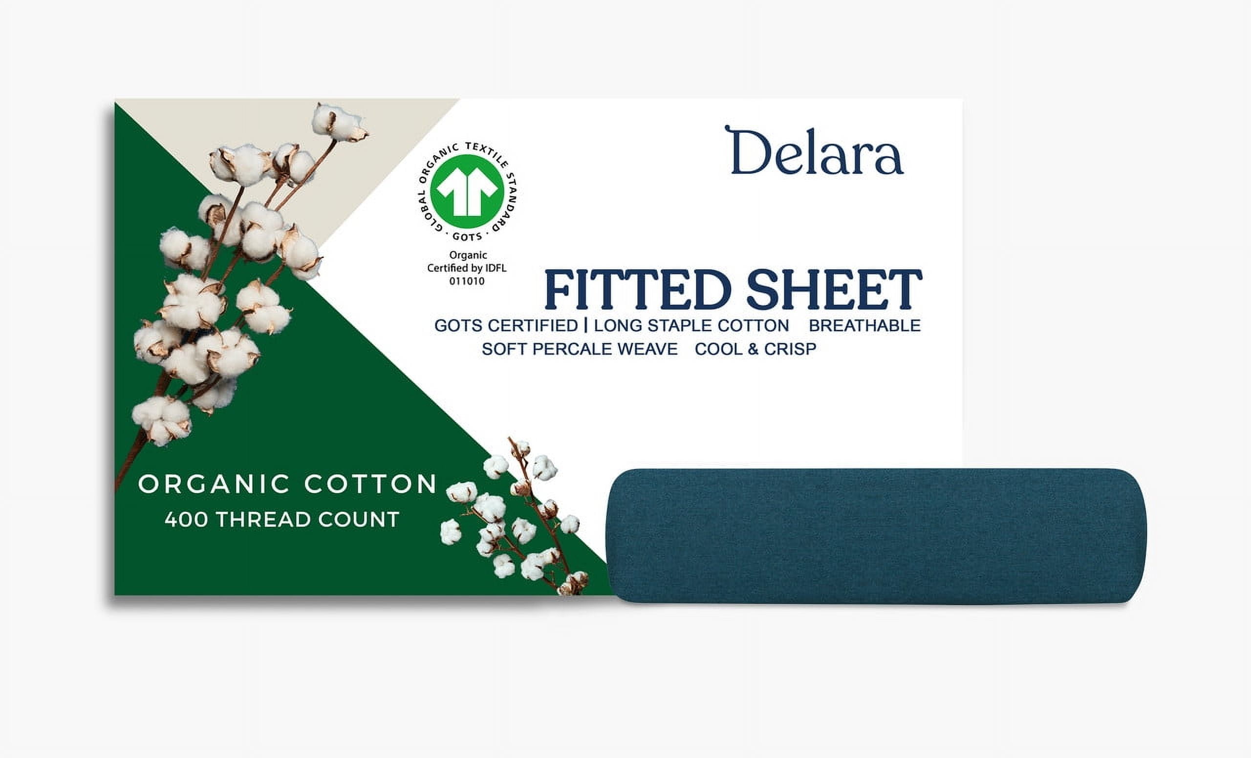Delara Organic Cotton Percale Queen Fitted Sheet, 400 TC GOTS Certified, Soft Moisture-Wicking Breathable, Midnight Blue 60"x80" 17" Deep