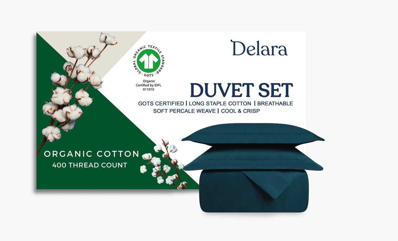 Delara Twin Organic Cotton Percale Duvet Cover Set 2-Piece with Sham, 400TC, Soft Breathable Bedding, GOTS Certified, 8 Ties, Midnight Blue