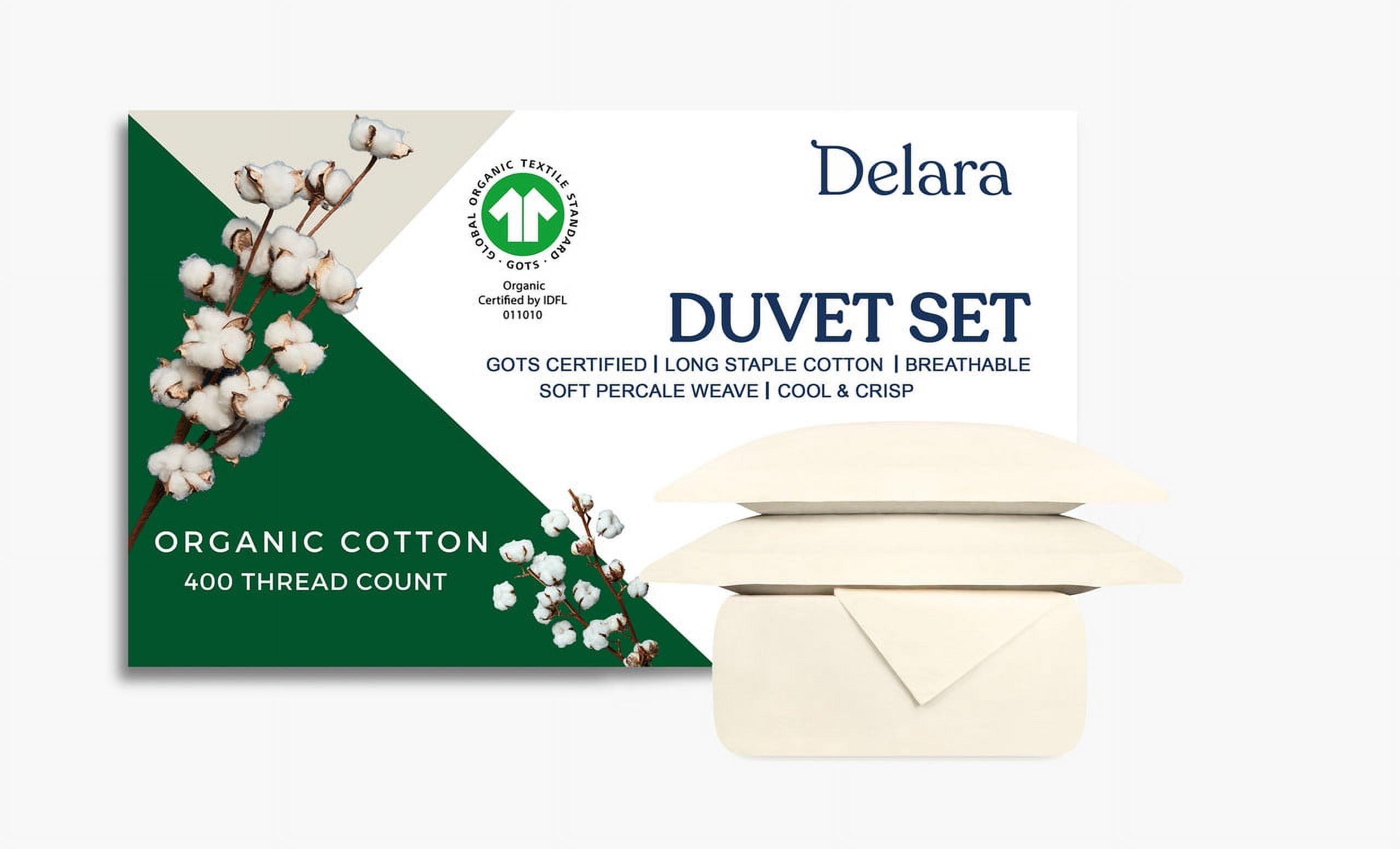 Delara Twin Organic Cotton Percale Duvet Cover Set 2-Piece with Sham, 400TC, Soft Breathable Bedding, GOTS Certified, 8 Ties, Ivory