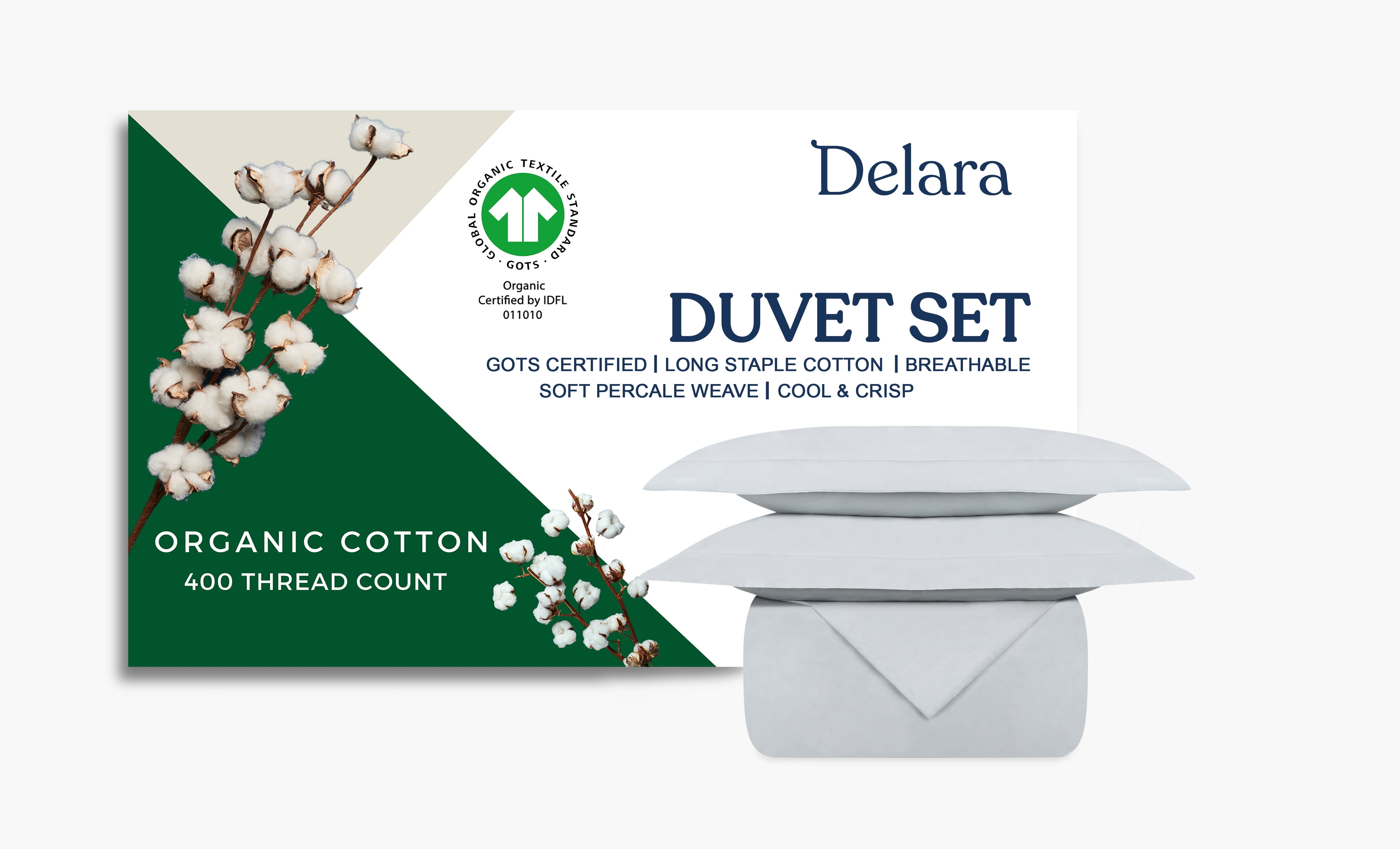 Delara King Organic Cotton Percale Duvet Cover Set 3-Piece with Sham, 400TC, Soft Breathable Bedding, GOTS Certified, 8 Ties, Light Blue