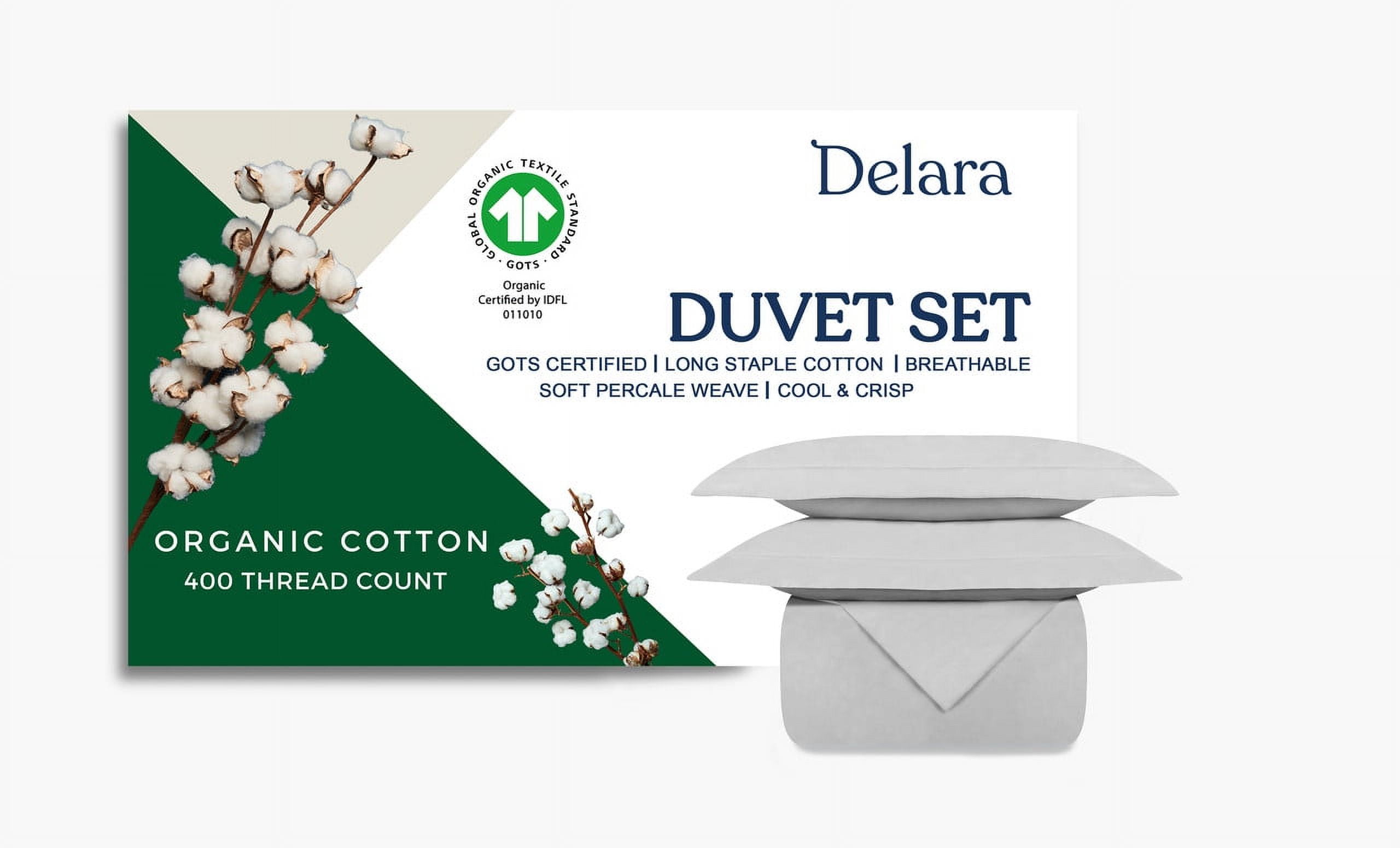 Delara King Organic Cotton Percale Duvet Cover Set 3-Piece with Sham, 400TC, Soft Breathable Bedding, GOTS Certified, 8 Ties, Light Grey