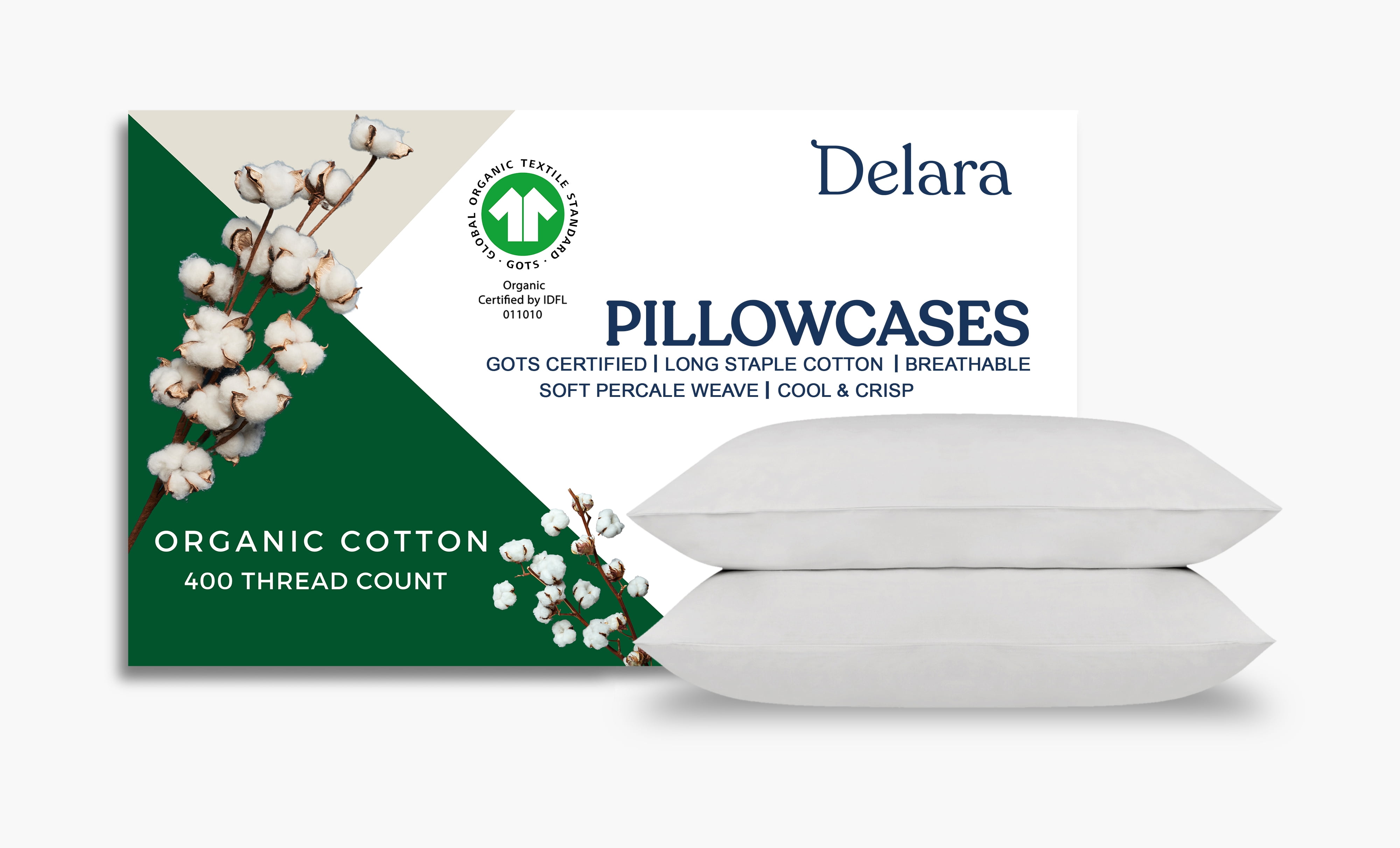 Delara King Organic Cotton Percale Pillowcase Set 2 Pack, 21"x36", 400 Thread Count, Soft Silky Breathable Bedding, GOTS Certified, Light Grey