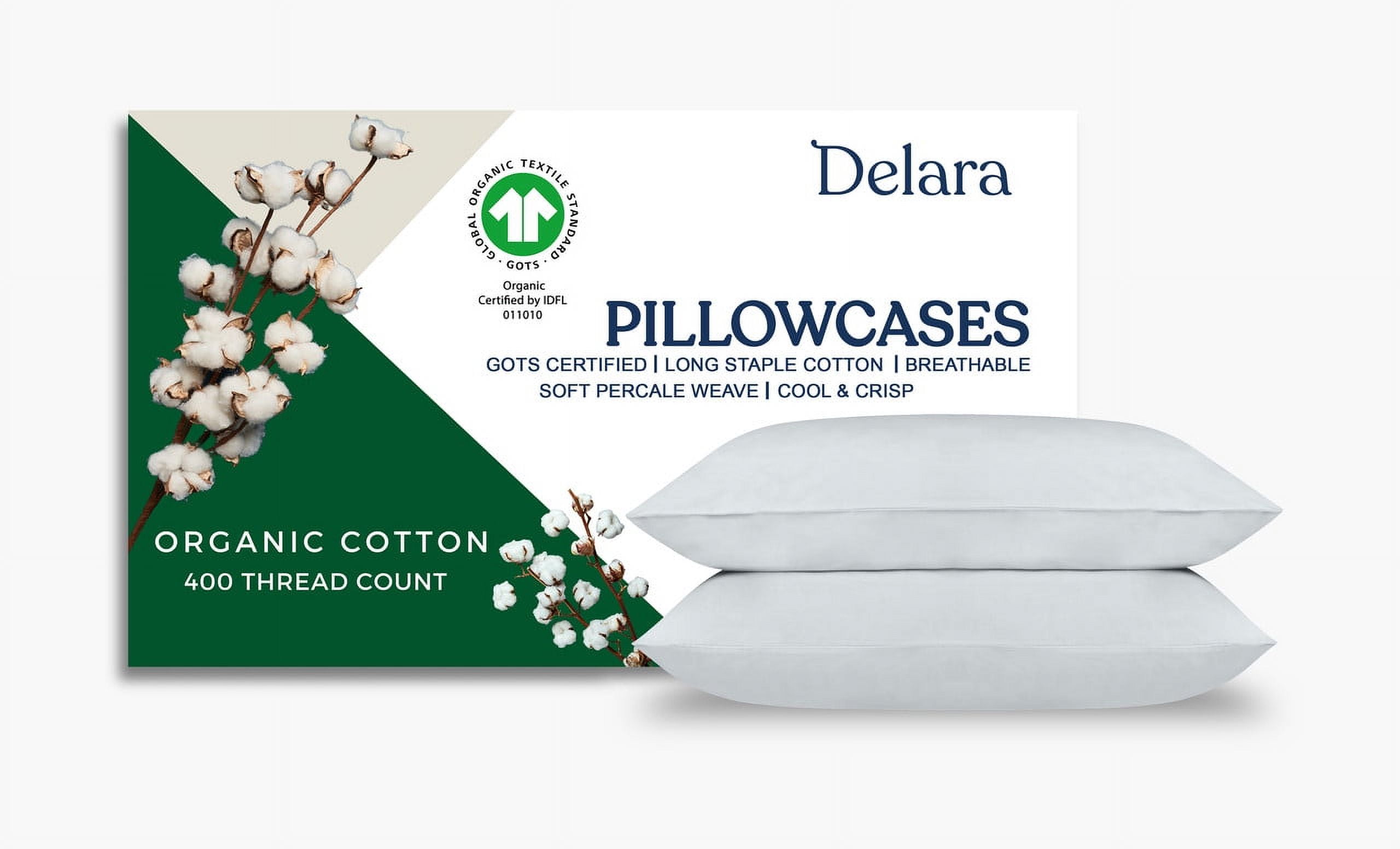 Delara King Organic Cotton Percale Pillowcase Set 2 Pack, 21"x36", 400 Thread Count, Soft Silky Bedding, GOTS Certified, Light Blue