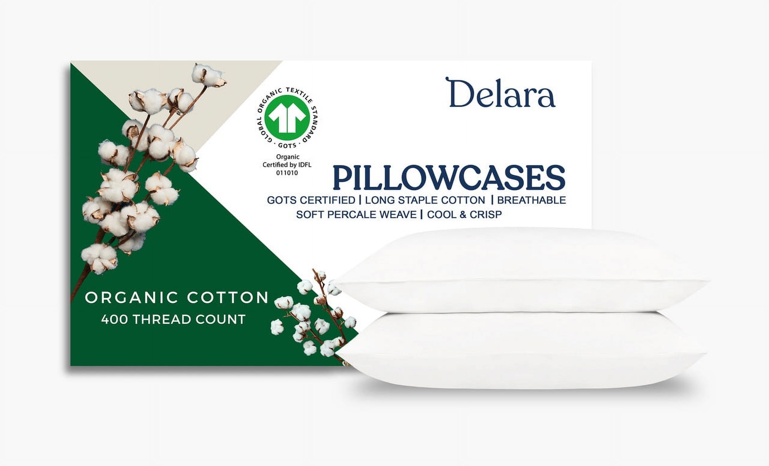 Delara King Organic Cotton Percale Pillowcase Set 2 Pack, 21"x36", 400 Thread Count, Soft Silky Breathable Bedding, GOTS Certified, White