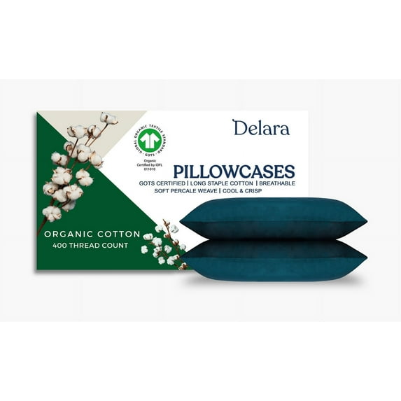 Delara Queen Organic Cotton Percale Pillowcase Set 2 Pack, 21"x32", 400 Thread Count, Soft Silky Breathable Bedding, GOTS Certified, Midnight Blue