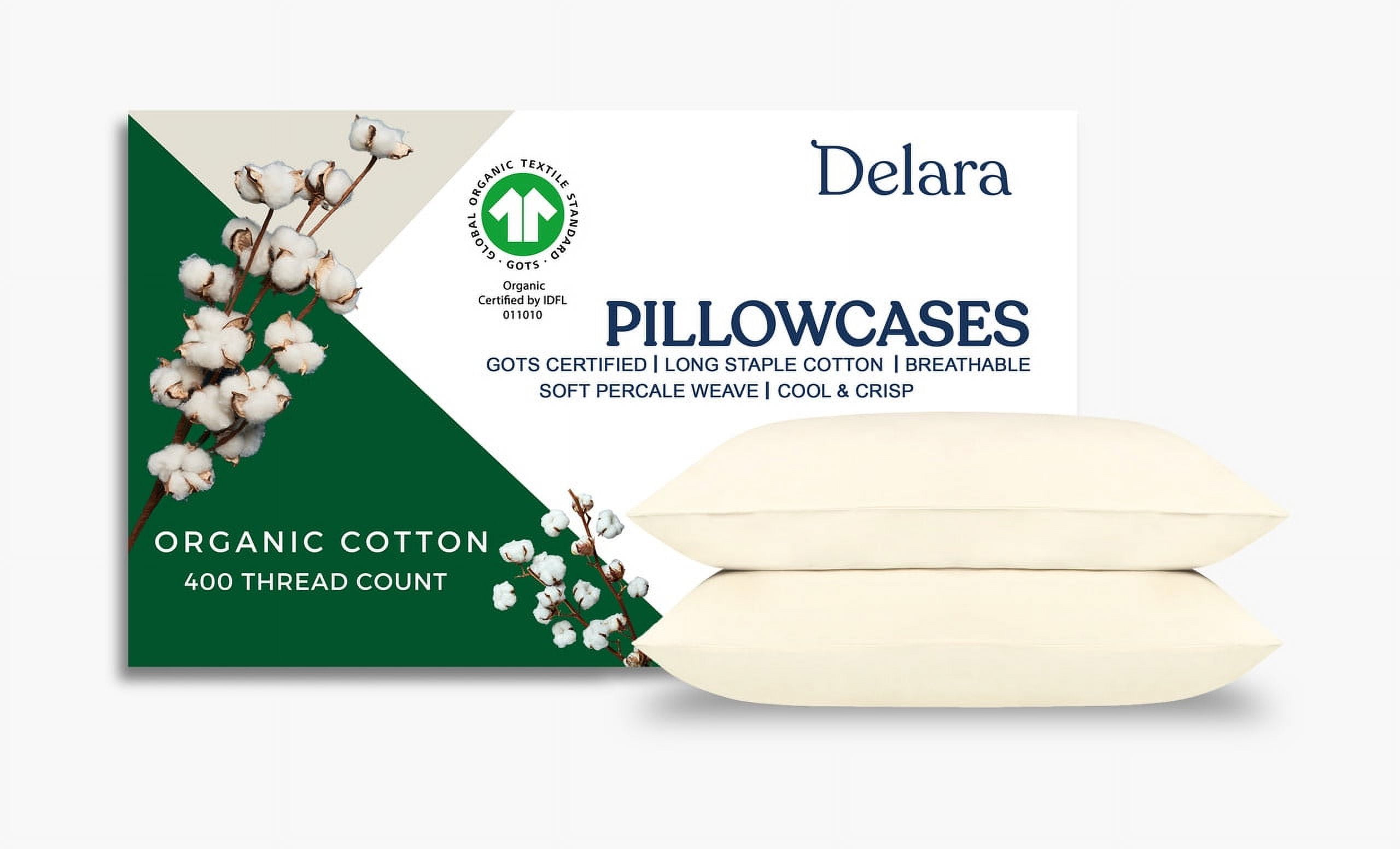 Delara King Organic Cotton Percale Pillowcase Set 2 Pack, 21"x36", 400 Thread Count, Soft Silky Breathable Bedding, GOTS Certified, Ivory