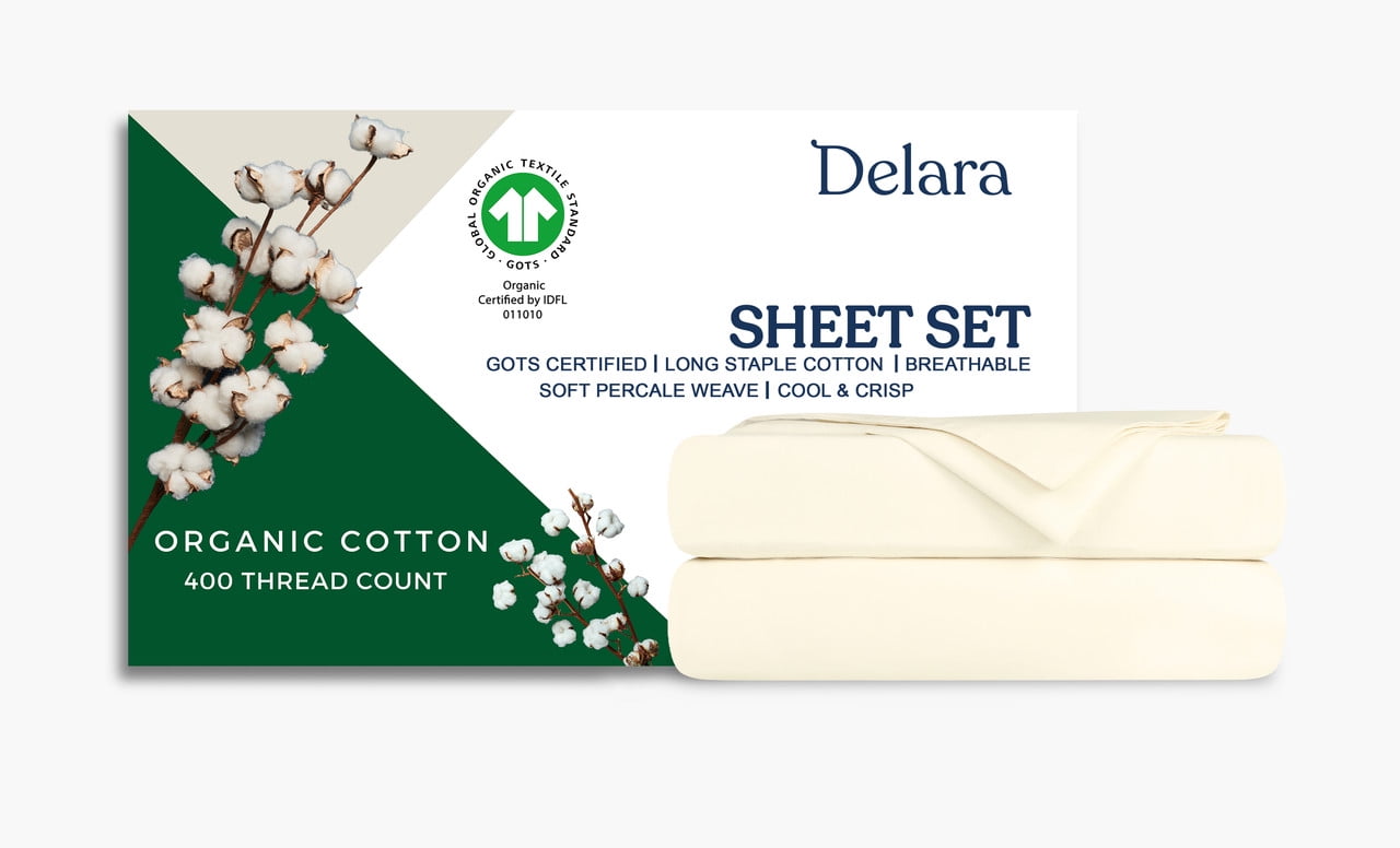 Delara 100% Organic Cotton Percale 400TC Sheet Set, GOTS Certified, Ultra-Soft & Breathable, Ivory, King, 4-Piece