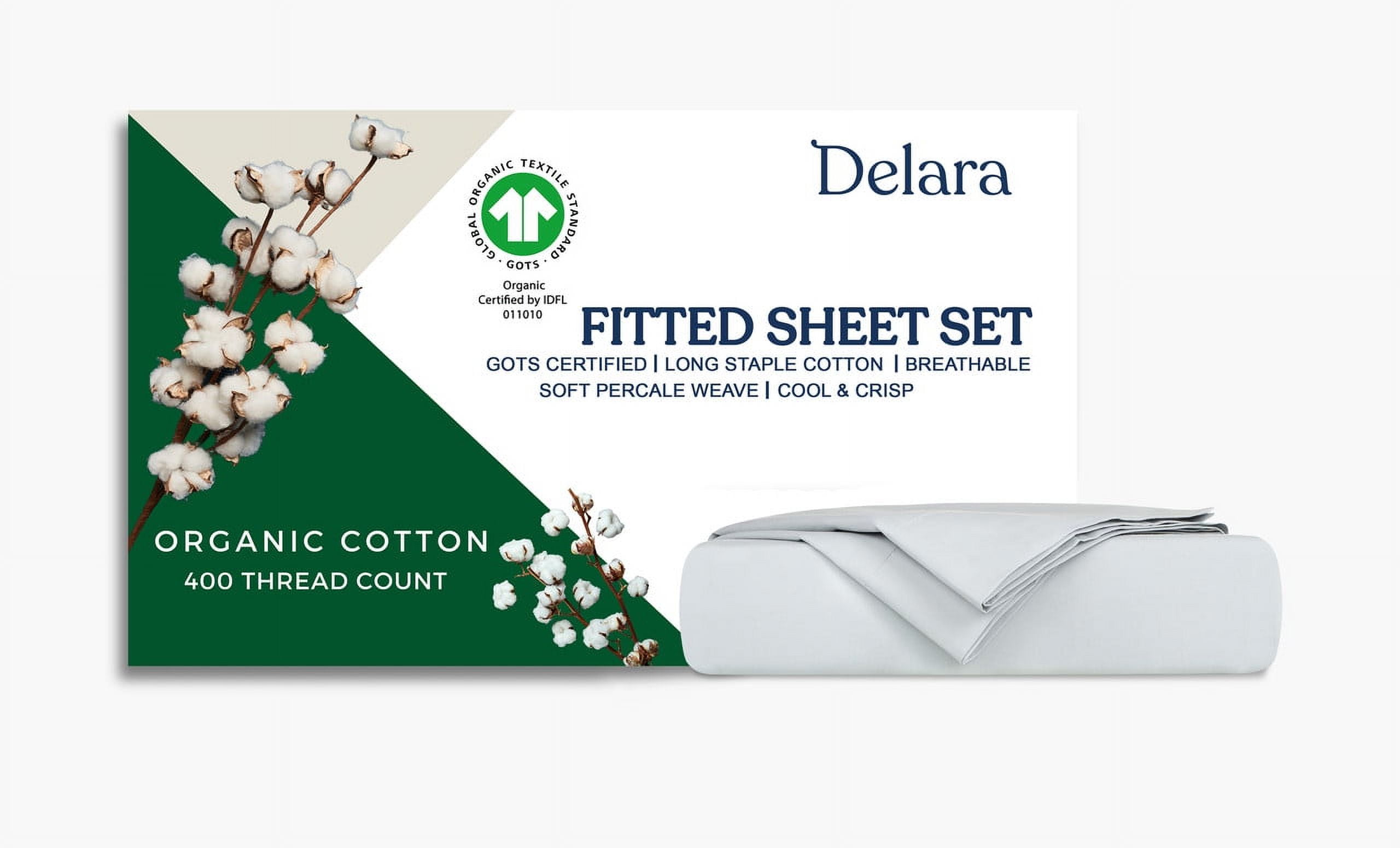 Delara King Organic Cotton Percale Sheets, 400 TC, Soft Breathable Smooth Bedding, Light Blue, 3-Piece No Flat Sheet, GOTS Certified