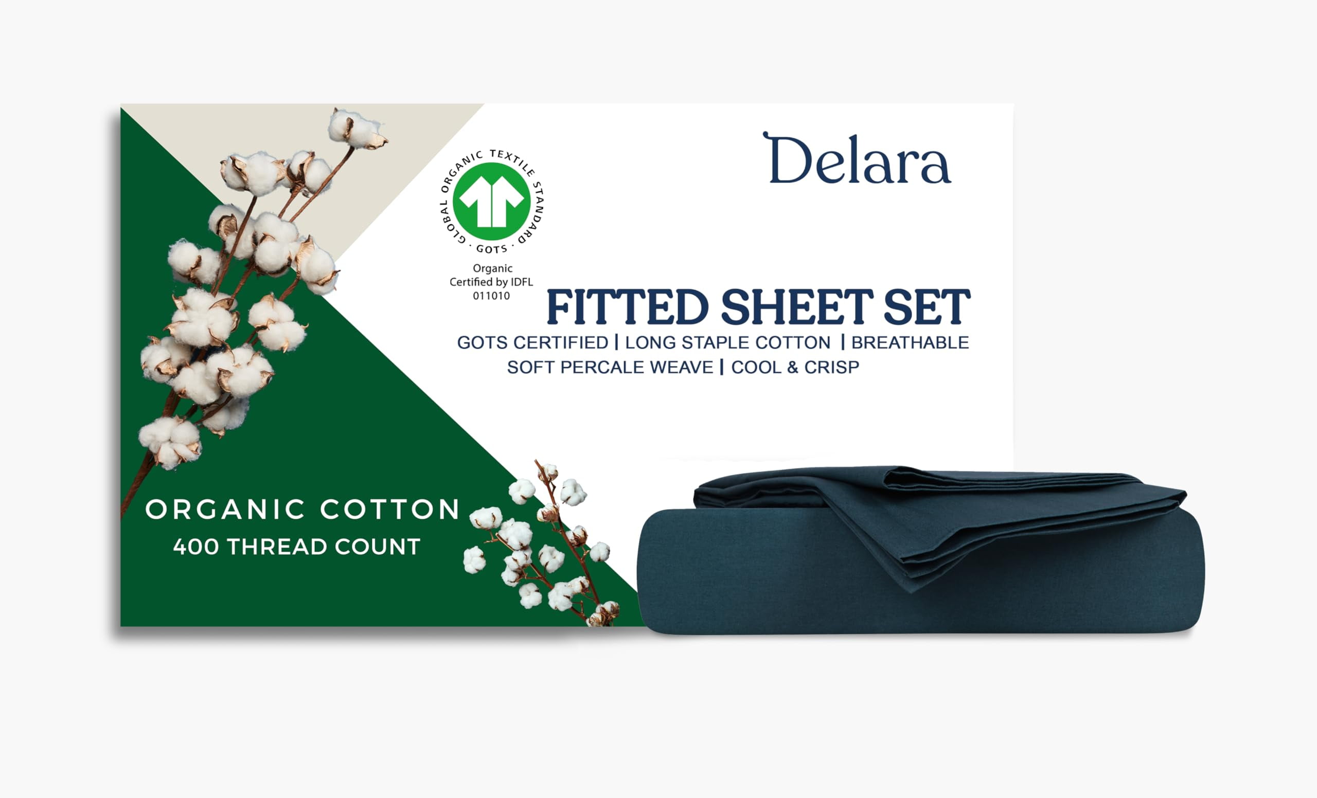 Delara Full Organic Cotton Percale Sheets, 400 TC, Soft Breathable Smooth Bedding, Midnight Blue, 3-Piece No Flat Sheet, GOTS Certified