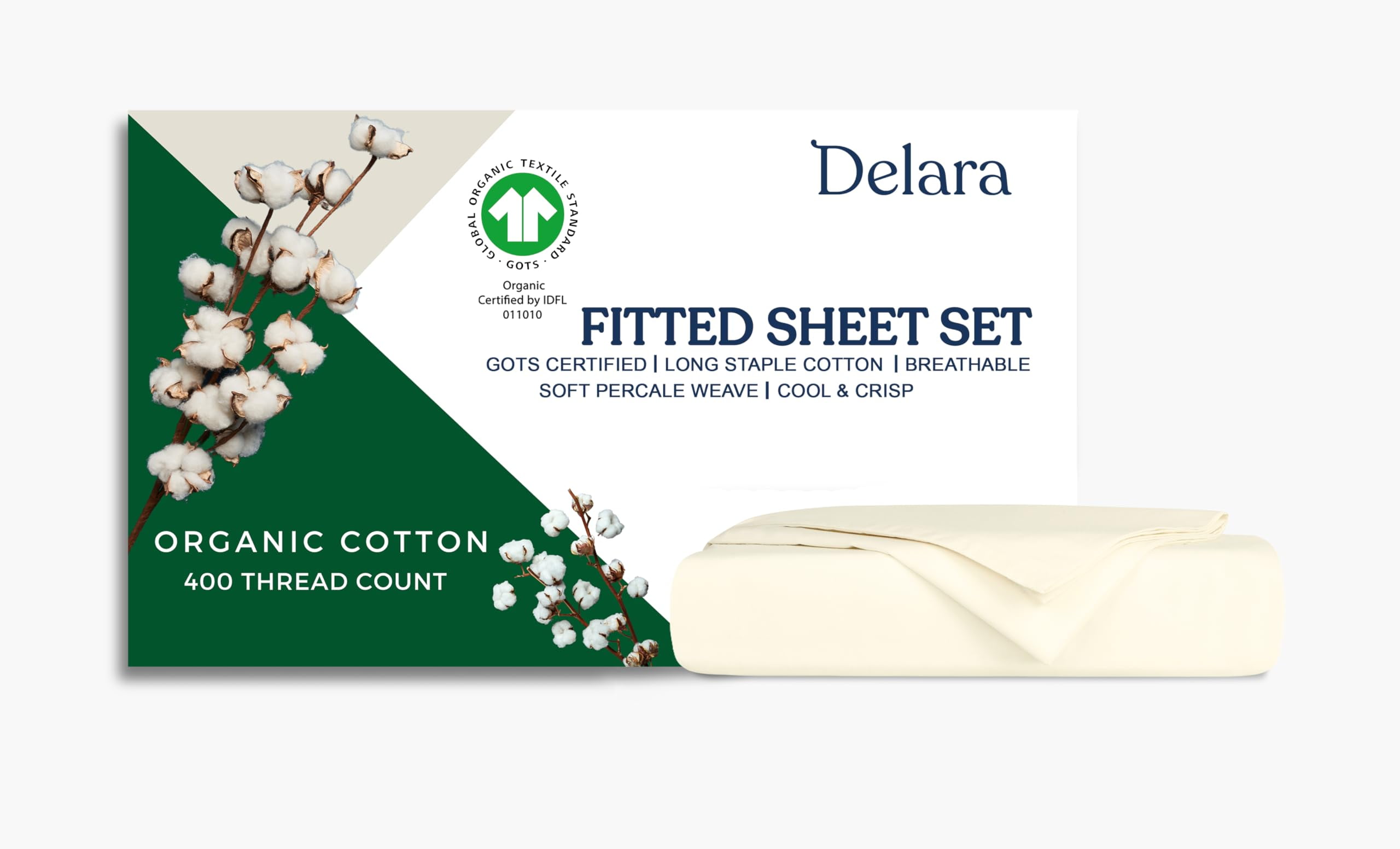 Delara Full Organic Cotton Percale Sheets, 400 TC, Soft Breathable Smooth Bedding, Ivory, 3-Piece No Flat Sheet, GOTS Certified