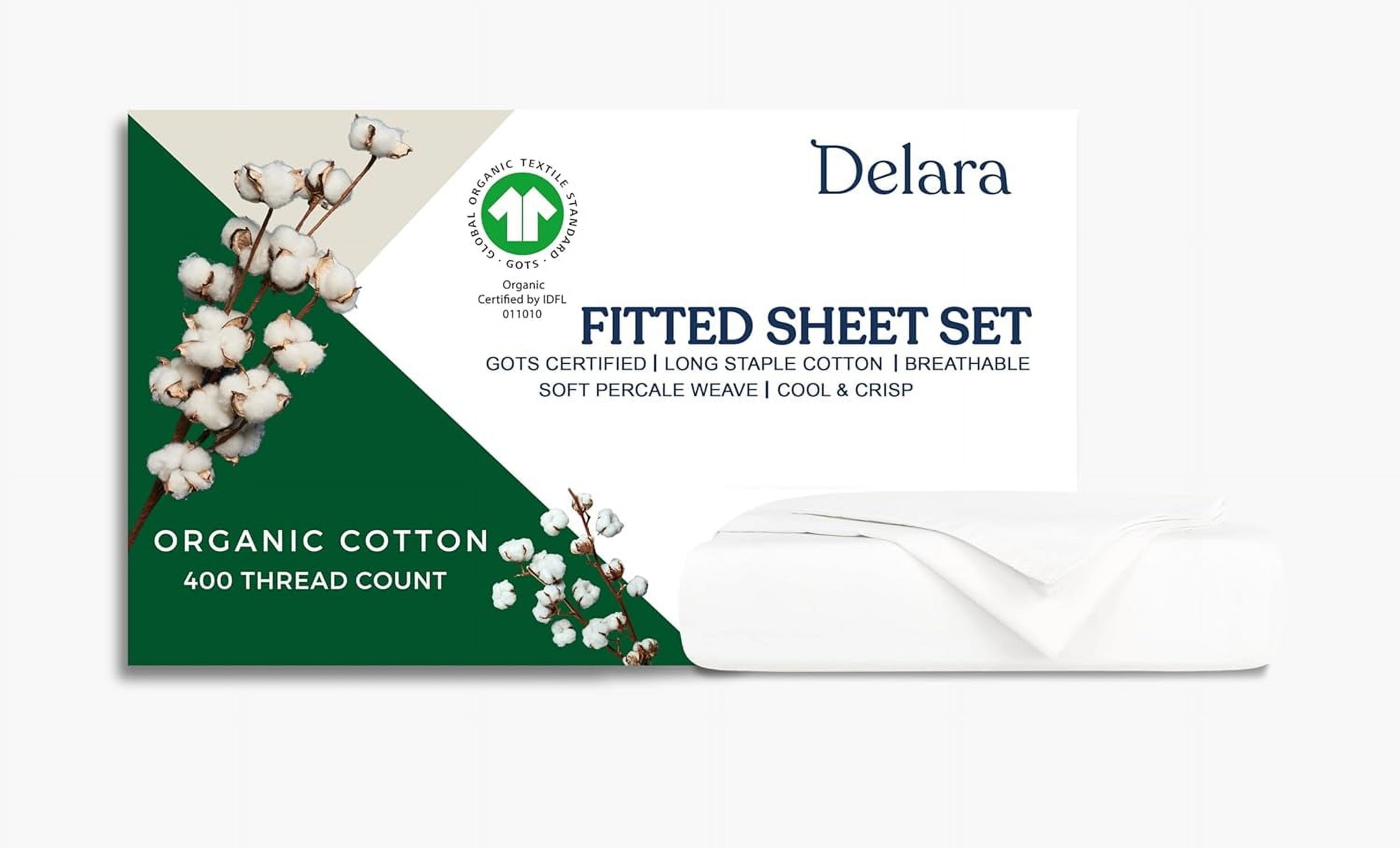 Delara Queen Organic Cotton Percale Sheets, 400 TC, Soft Breathable Smooth Bedding, White, 3-Piece No Flat Sheet, GOTS Certified