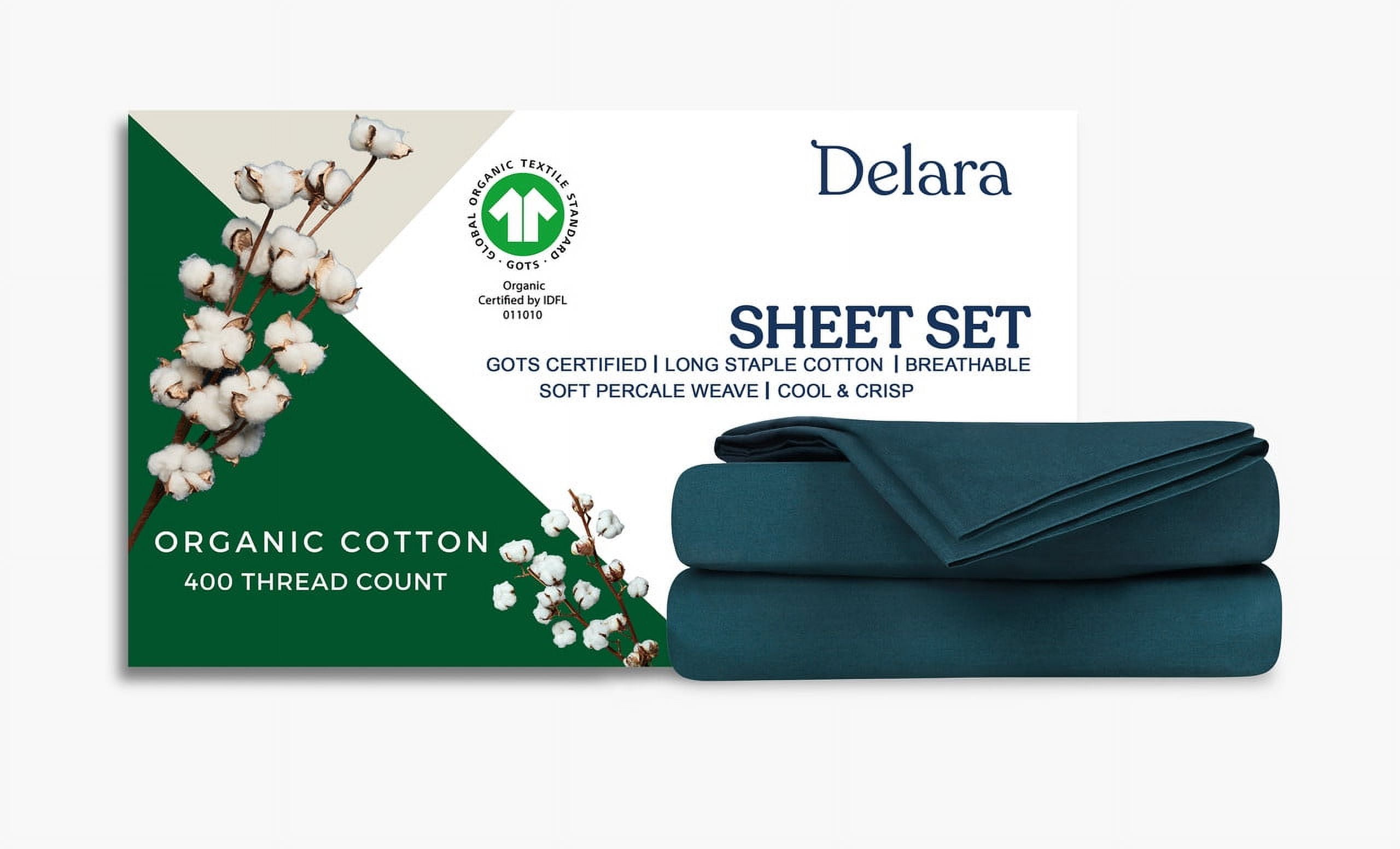 Delara 100% Organic Cotton Percale 400TC Sheet Set, GOTS Certified, Ultra-Soft & Breathable, Midnight Blue, Full, 4-Piece