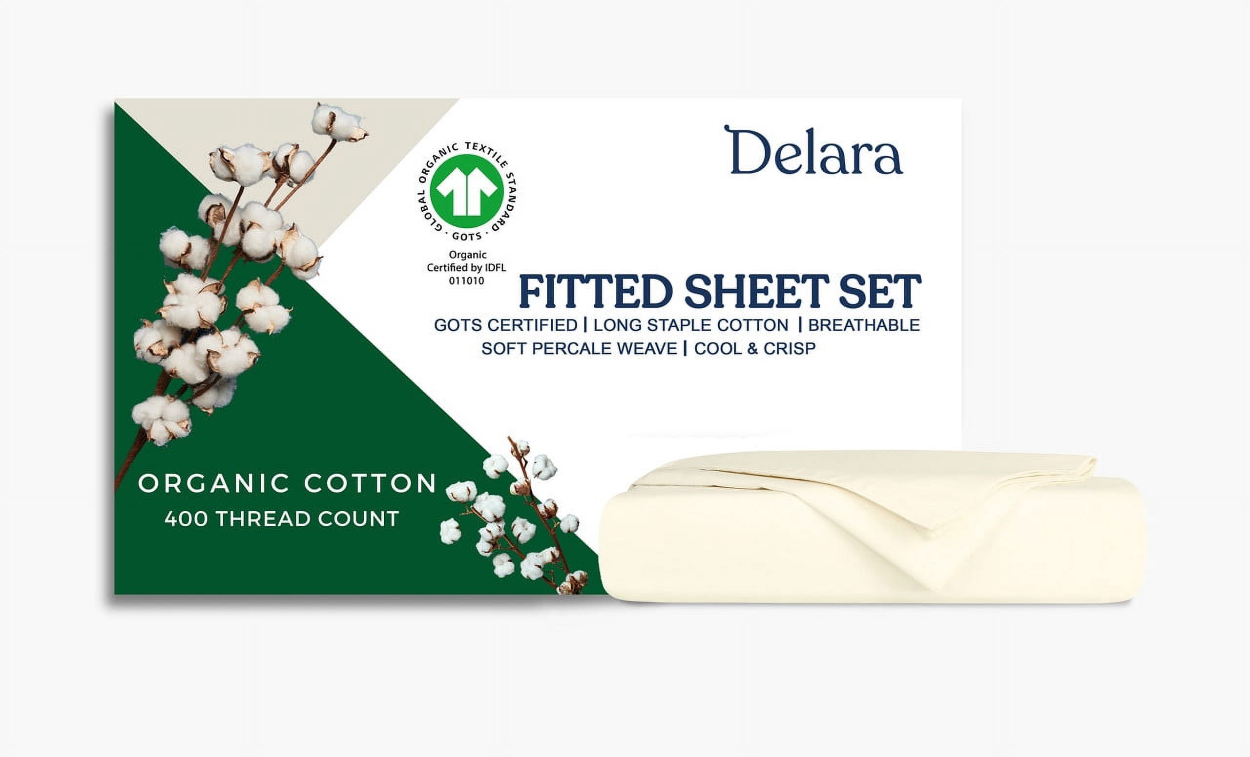 Delara California King Organic Cotton Percale Sheets, 400 TC, Soft Breathable Smooth Bedding, Ivory, 3-Piece No Flat Sheet, GOTS Certified