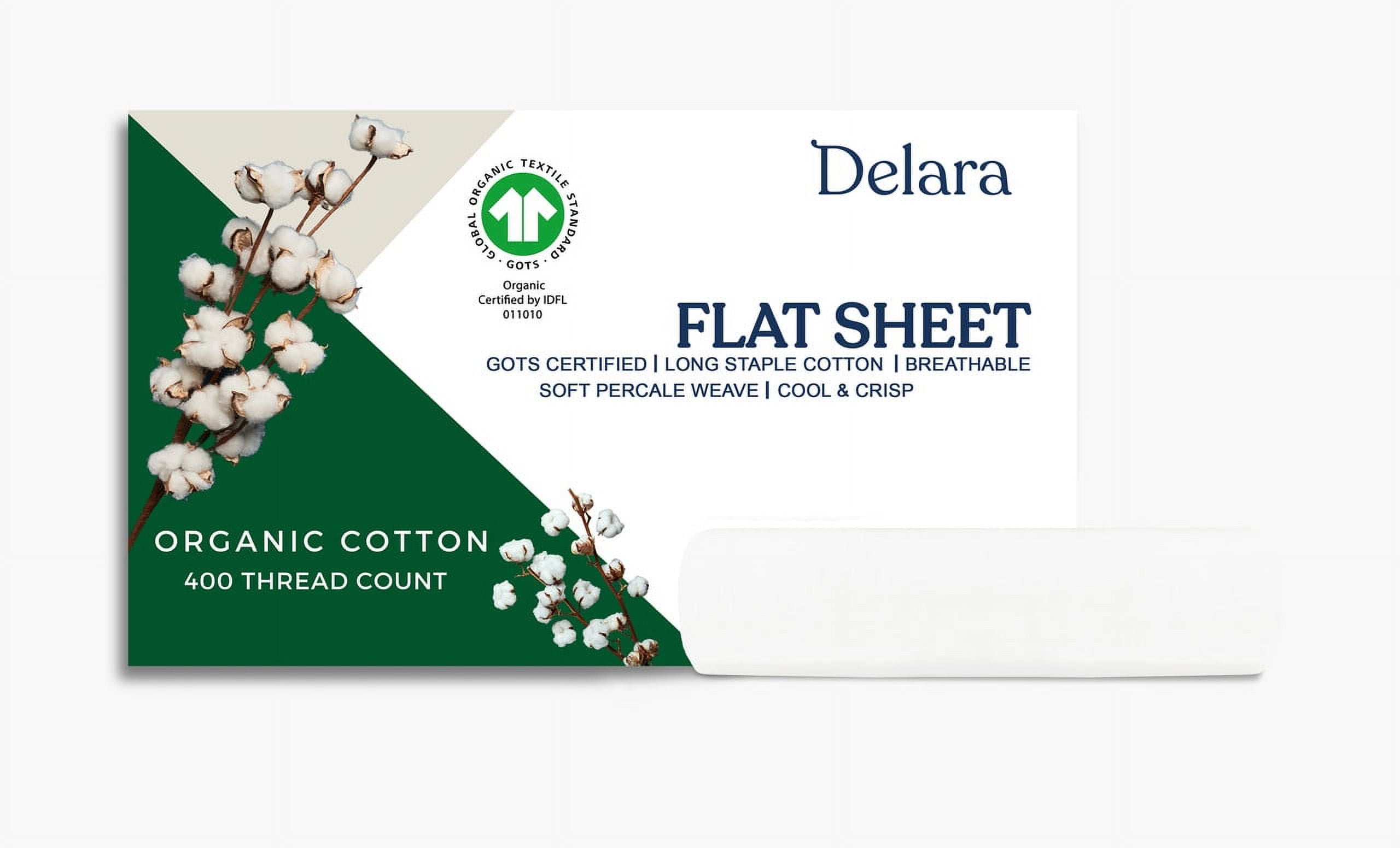 Delara Organic Cotton Percale Queen Flat Sheet, 400 TC GOTS Certified, Smooth Moisture-Wicking Soft Breathable Bedding, White 96"x105"