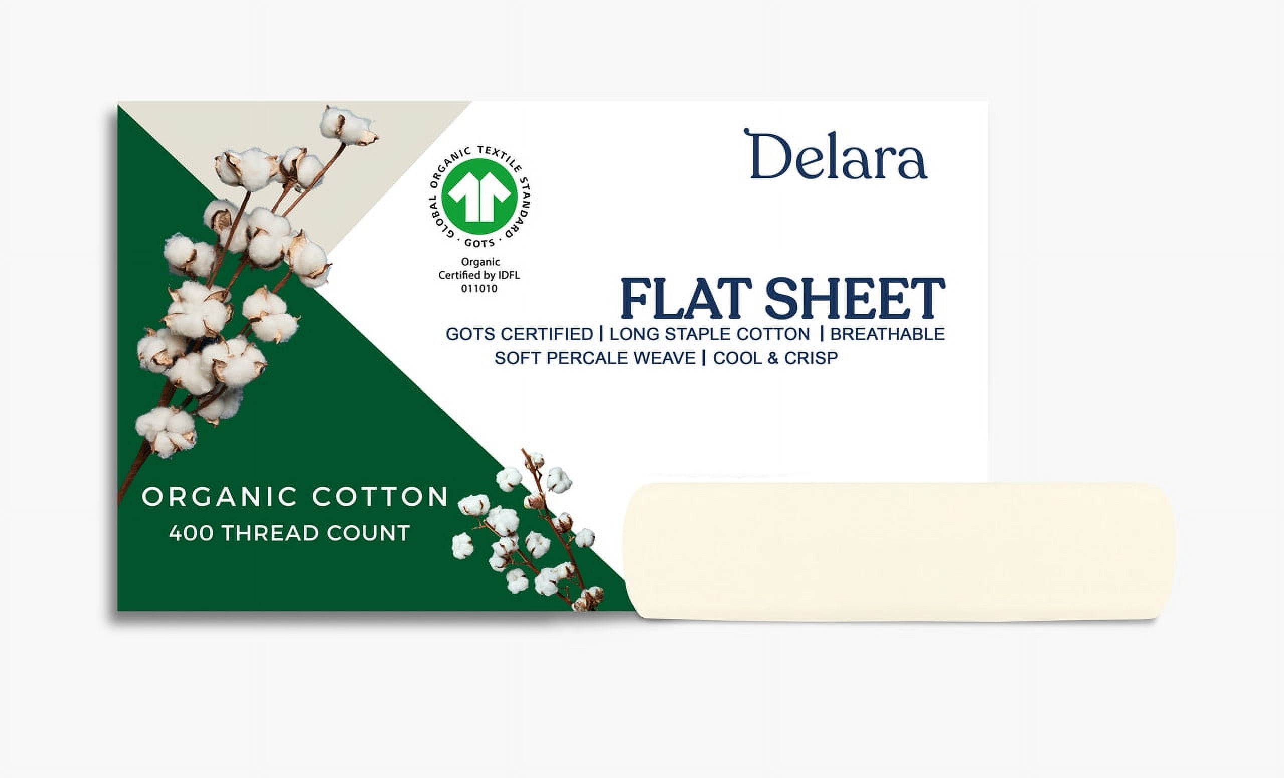 Delara Organic Cotton Percale Queen Flat Sheet, 400 TC GOTS Certified, Smooth Moisture-Wicking Soft Breathable Bedding, Ivory 96"x105"