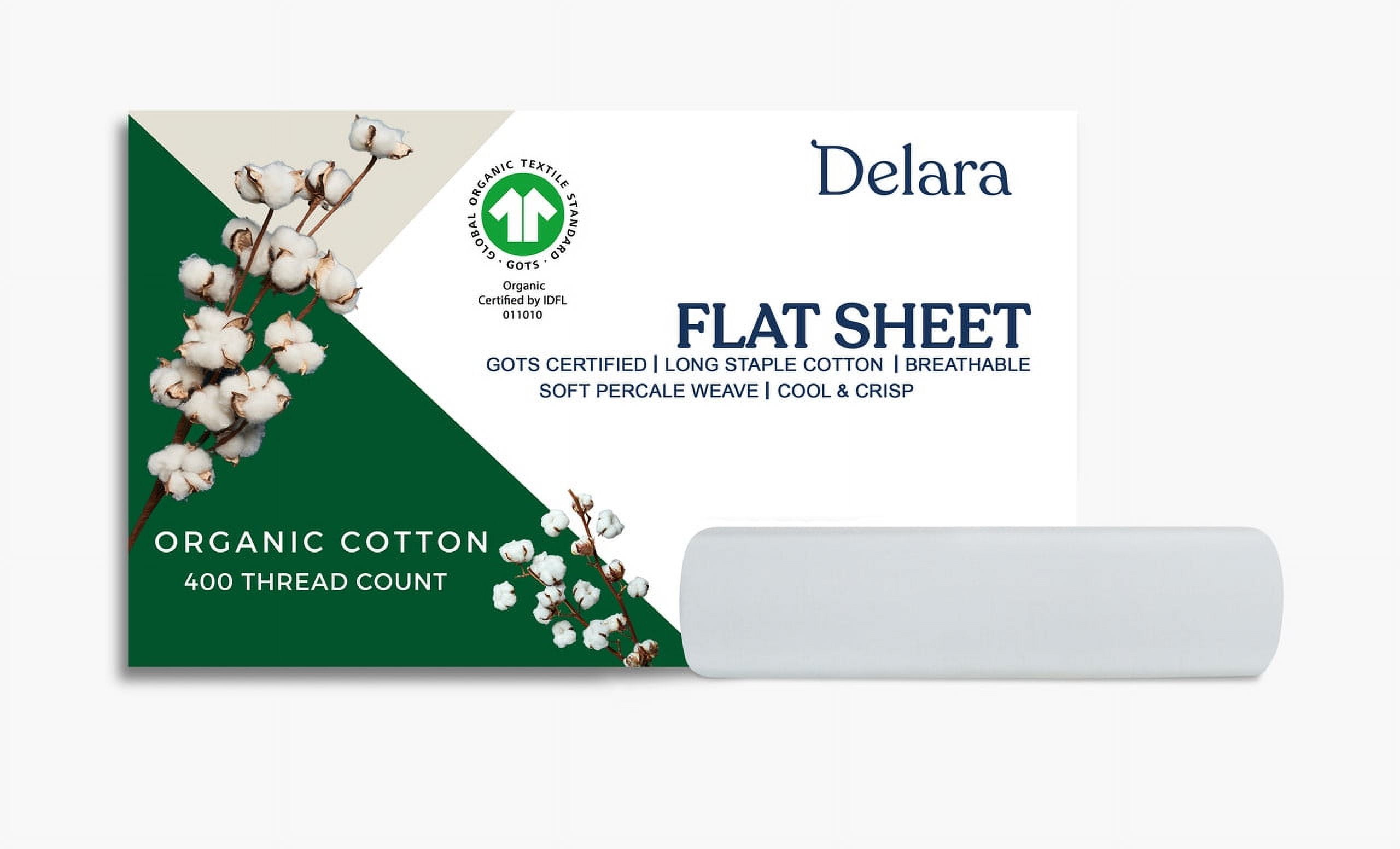 Delara Organic Cotton Percale Twin Flat Sheet, 400 TC GOTS Certified, Smooth Moisture-Wicking Soft Breathable Bedding, Light Blue 74"x105"