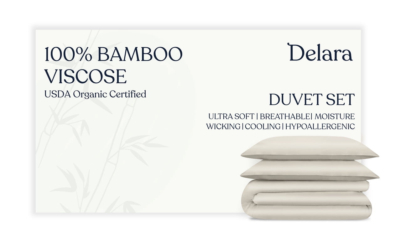 Delara 100% Bamboo Viscose Queen Duvet Cover Set – Ultra-Soft, Cooling & Breathable Luxury Bedding with Pillow Shams, Ivory