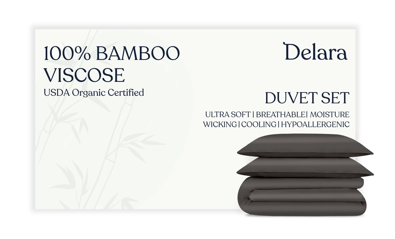 Delara 100% Bamboo Viscose Queen Duvet Cover Set – Ultra-Soft, Cooling & Breathable Luxury Bedding with Pillow Shams, Dark Gray