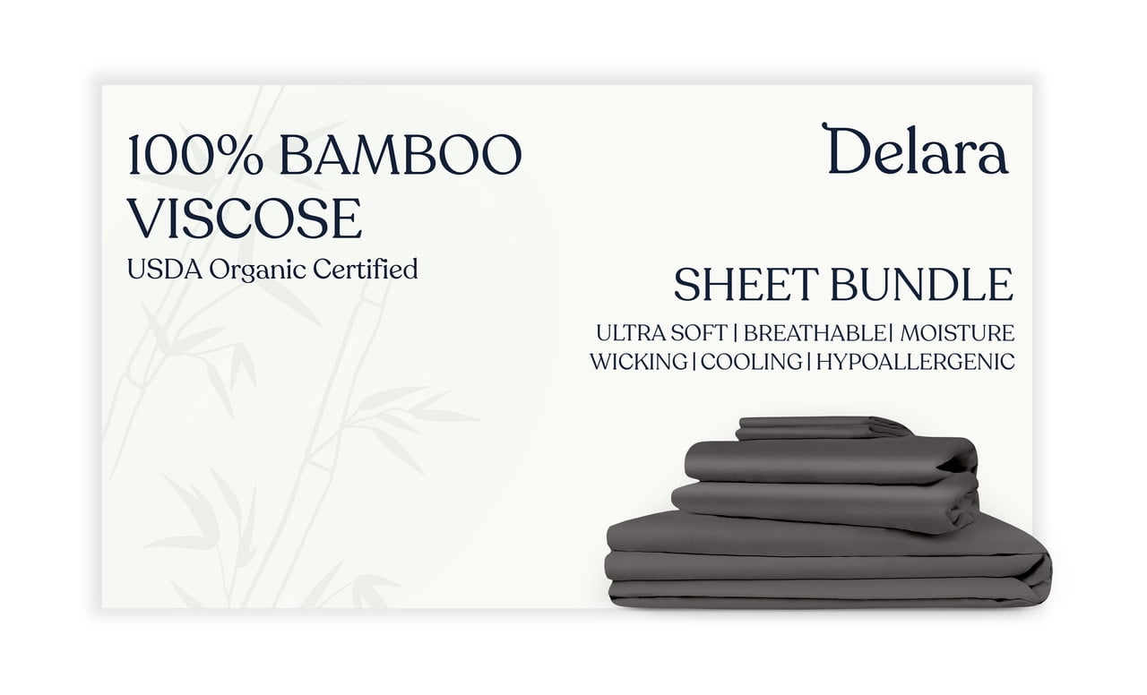 Delara Twin Organic Bamboo Viscose Sheet & Duvet Cover Set Bundle – Ultra-Soft, Cooling Luxury Bedding for Hot Sleepers, Dark Gray