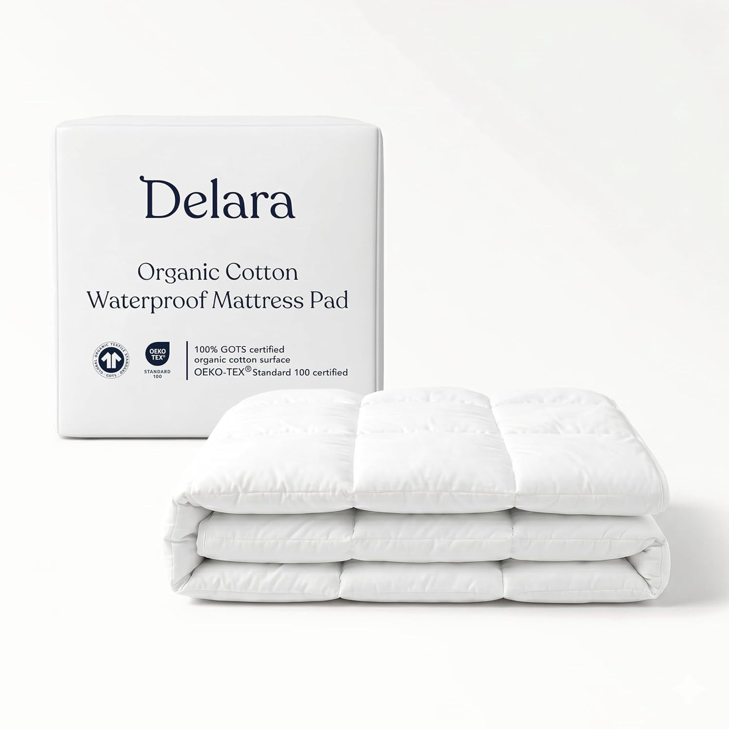 Delara Twin 2-in-1 Waterproof Quilted Mattress Pad 100% Waterproof TPU + 7D+3D Recycled Microfiber Fill, GOTS Certified Organic Cotton Shell, Noiseless, OEKO-TEX, 18" Deep Pocket - Twin 38"×75"