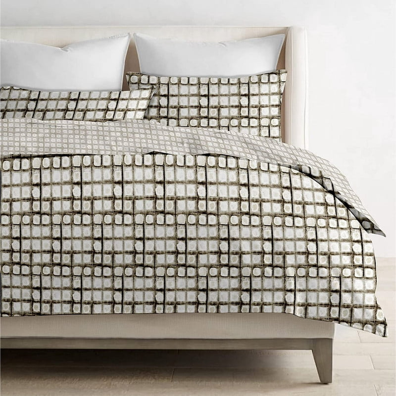 Delara GOTS Certified 100% Organic Cotton Shaded Check Reversible Print Duvet Cover and Sham Set of 2, King 108 "X92", White/Brown
