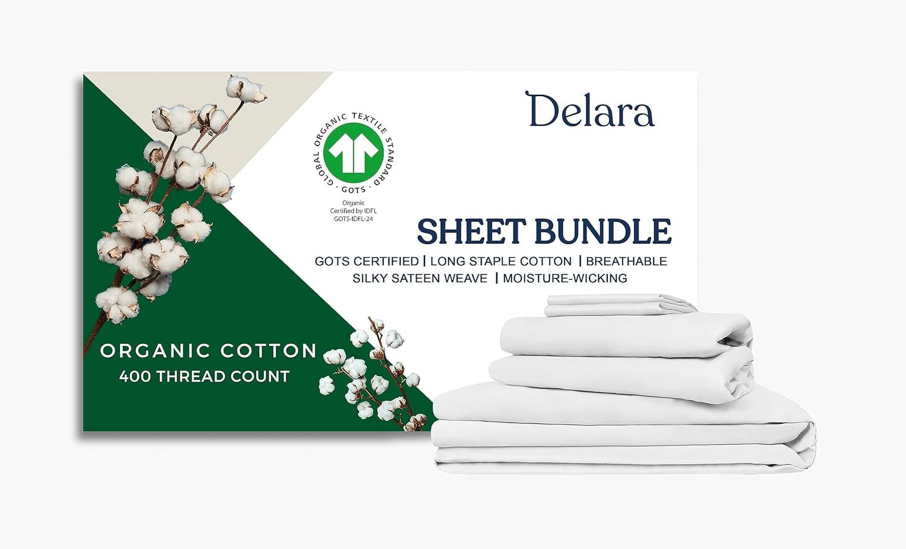 Delara California King 7 Pieces Set GOTS Organic Cotton Sheet Bundle, Ultra Soft, Moisture-Wicking, Breathable, Long-Staple, White