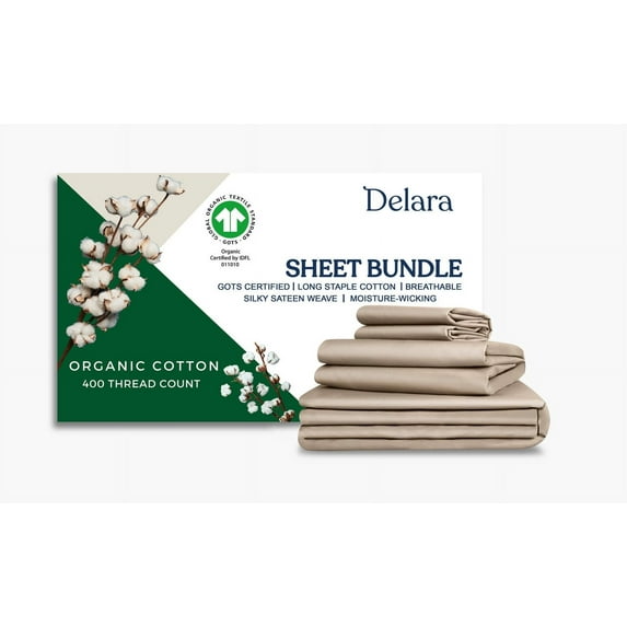 Delara California King 7 Pieces Set GOTS Organic Cotton Sheet Bundle, Ultra Soft, Moisture-Wicking, Breathable, Long-Staple, Natural